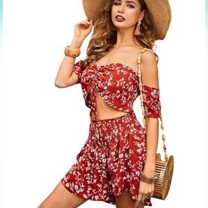 SHEIN boho floral two piece shorts set, off the shoulder crop top
